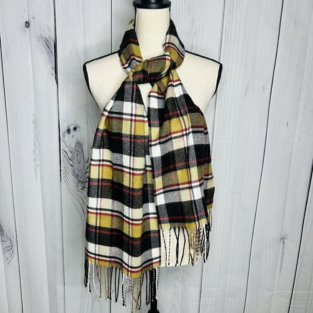 100% Cashmere Scarf Camel Tan Tartan Plaid Made in Scotland 70" x 12" NWOT